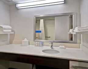 Guest bathroom with shower at Hampton Inn NY-JFK.