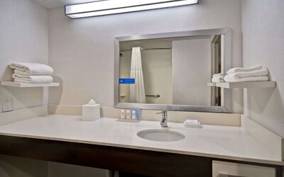 Guest bathroom with shower at Hampton Inn NY-JFK.