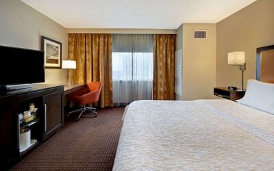 Simple King Bedroom with TV, work station, and natural light at Hampton Inn NY-JFK.