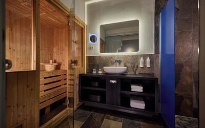Private bathroom with shower and sauna at Haven Hotel Rotterdam.