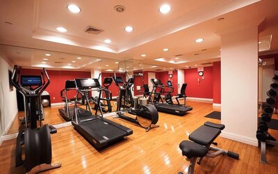 Fitness center with cardio machines, free weights, and mirrored walls at The Michelangelo New York.