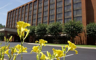 Exterior view with landscaped surroundings and classic brick architecture at Wyndham Garden Williamsburg Busch Gardens Area.
