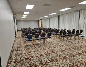 Meeting room with rows of banquet-style chairs, patterned carpet, and bright overhead lighting set up for a conference at Wyndham Garden Williamsburg Busch Gardens Area.
