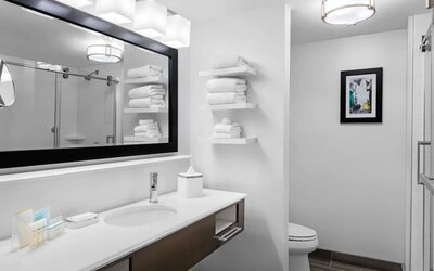 Clean bathroom with large vanity, illuminated mirror, glass shower, and neatly arranged towels at Hampton Inn & Suites Los Angeles / Hollywood.