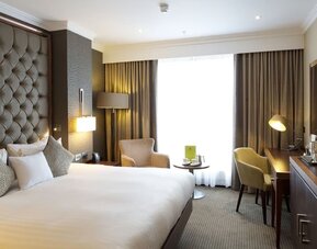 Spacious king room with large bed, padded headboard, desk, and seating area by tall window with dark curtains