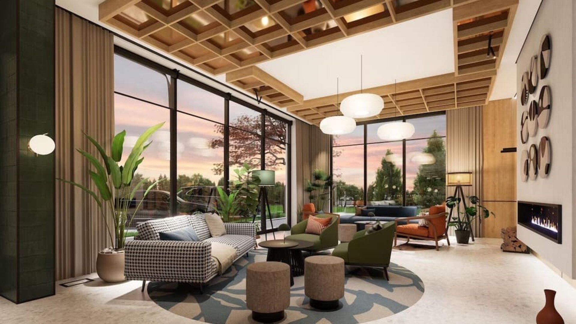 Contemporary hotel lounge with armchairs, wood-paneled walls, pendant lighting, and snack display