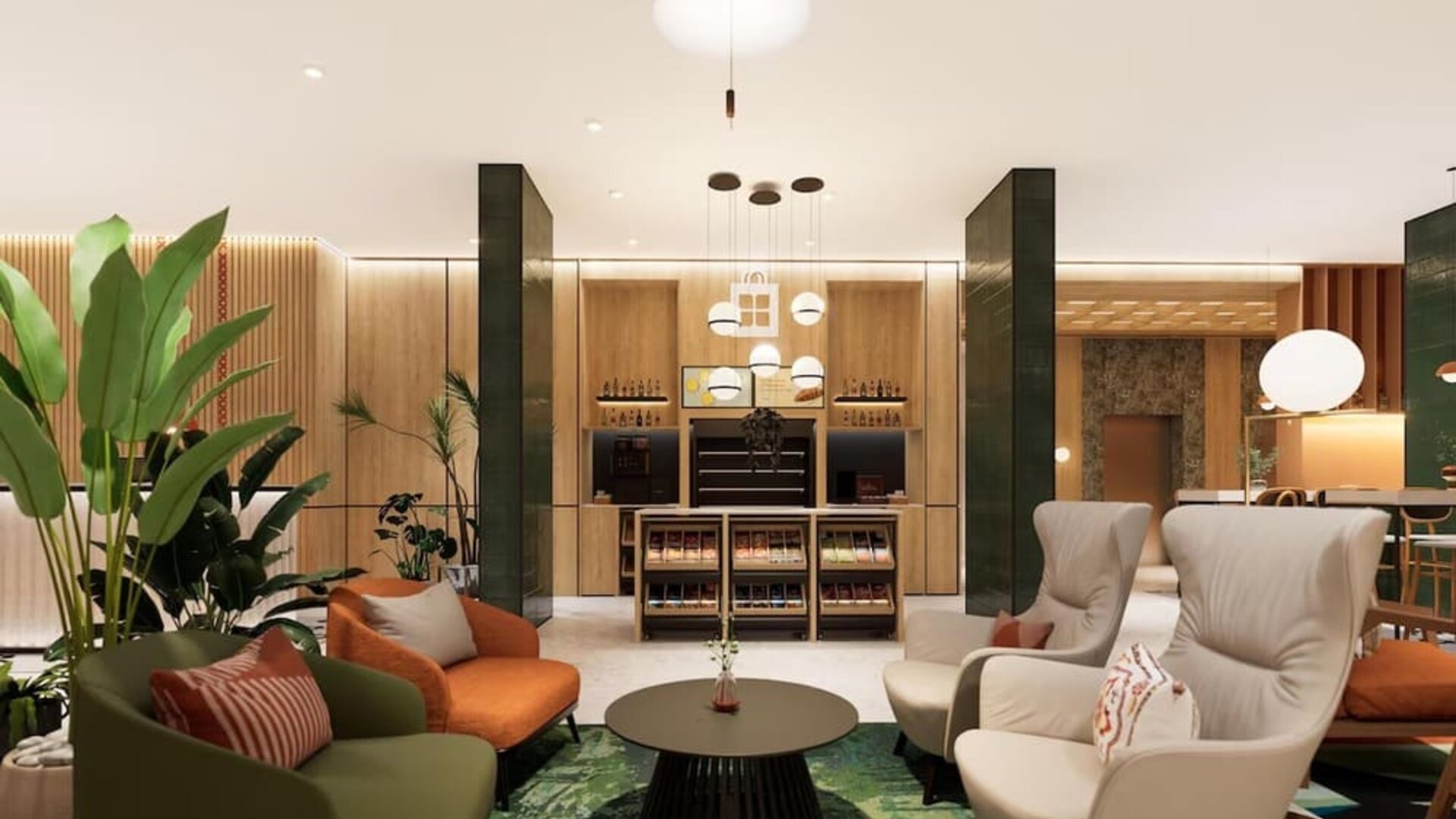 Lobby lounge with floor-to-ceiling windows, patterned seating area, fireplace, and wood ceiling