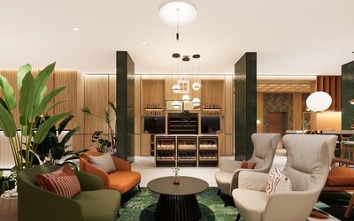Lobby lounge with floor-to-ceiling windows, patterned seating area, fireplace, and wood ceiling