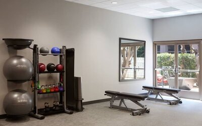 Bright fitness facility with benches, free weights, exercise balls, and outdoor-facing windows at Courtyard By Marriott Los Angeles LAX/Century Boulevard.