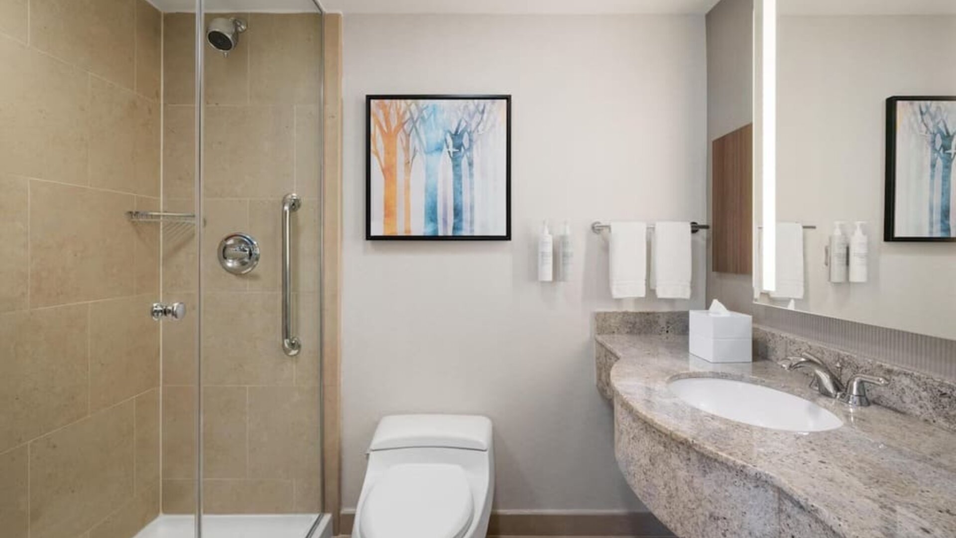 Contemporary bathroom with walk-in shower at Hilton Garden Inn New York/West 35th Street.