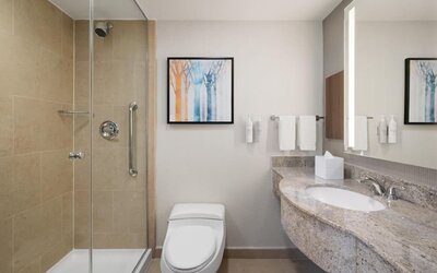 Contemporary bathroom with walk-in shower at Hilton Garden Inn New York/West 35th Street.