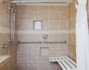 Accessible roll-in shower with grab bars and built-in seating at Holiday Inn Downtown Shreveport.