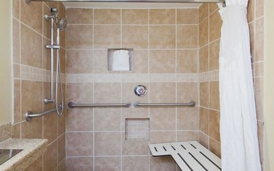 Accessible roll-in shower with grab bars and built-in seating at Holiday Inn Downtown Shreveport.