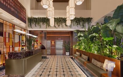Reception and check-in area with artistic décor at Hyatt Union Square New York.