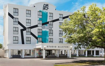 Exterior view of the hotel building at Hotel Studio Allston.