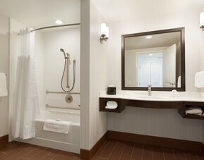 Accessible bathroom with grab bars, bathtub shower combo, and large vanity at Hilton Garden Inn Boston Logan Airport.