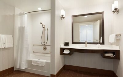 Accessible bathroom with grab bars, bathtub shower combo, and large vanity at Hilton Garden Inn Boston Logan Airport.