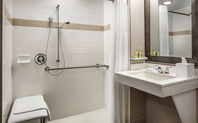 Accessible bathroom with roll-in shower, grab bars, shower seat, and vanity sink at Hilton Boston Logan Airport.