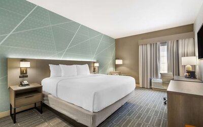 Contemporary king guest room with workspace, soft lighting, and modern décor at Comfort Inn & Suites Port Charlotte-Punta Gorda.