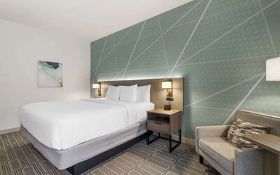 Stylish king guest room with accent wall, plush bedding, and comfortable armchair at Comfort Inn & Suites Port Charlotte-Punta Gorda.