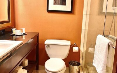 Modern guest bathroom with glass-enclosed shower, warm-toned décor, and contemporary amenities at The Bostonian Boston, A Millennium Hotel.
