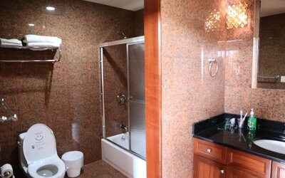 Modern bathroom with granite-style walls, glass shower enclosure, and vanity sink at Phoenix Hotel Brooklyn Sunset Park.