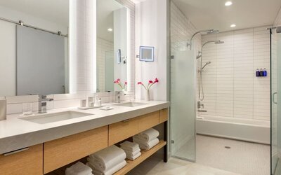 Large luxury bathroom with dual vanities, expansive mirrors, walk-in shower, soaking tub, and premium finishes designed for comfort and convenience.