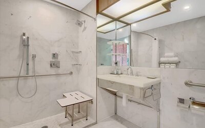 Accessible guest bathroom at Wyndham Garden Brooklyn Sunset Park featuring a roll-in shower, safety grab bars, shower seating, marble finishes, and a spacious vanity designed for comfort and accessibility.