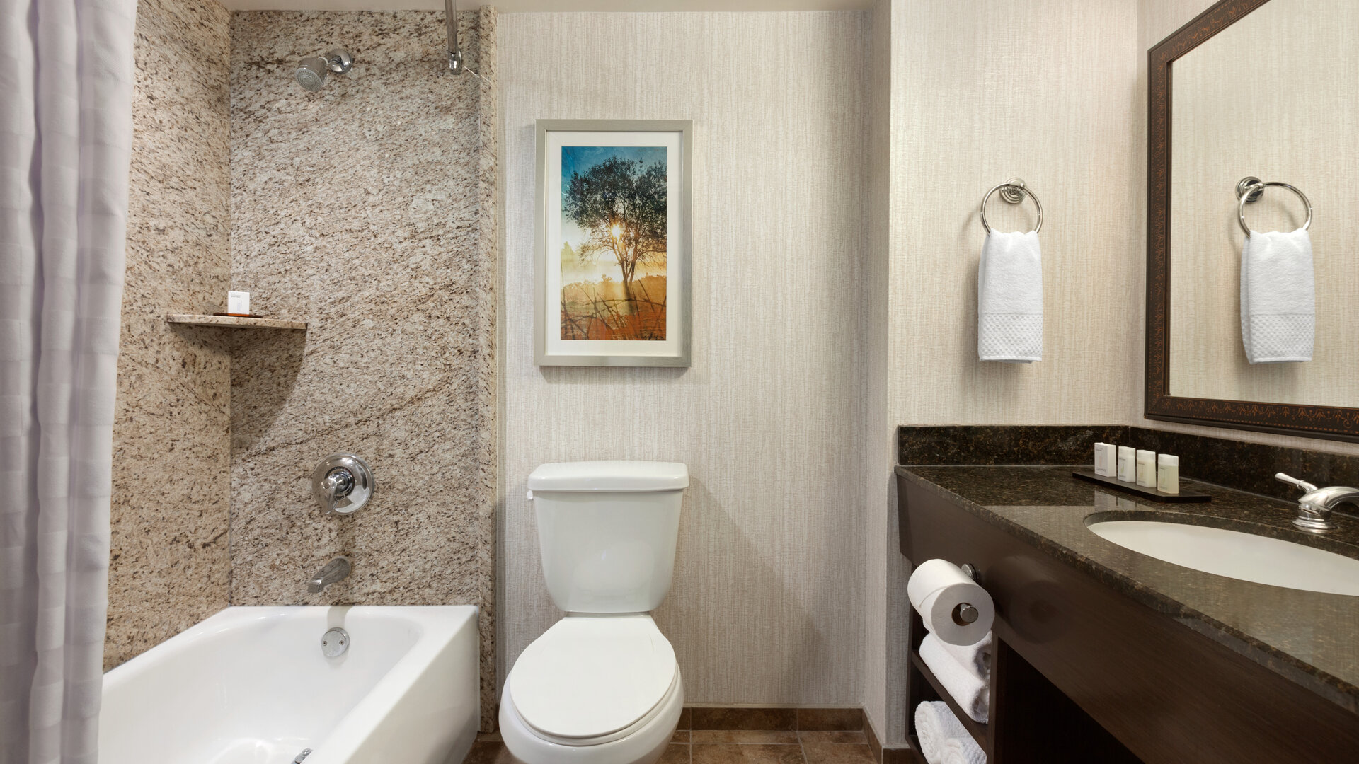 Guest bathroom with shower and tub at Embassy Suites By Hilton Brea North Orange County.