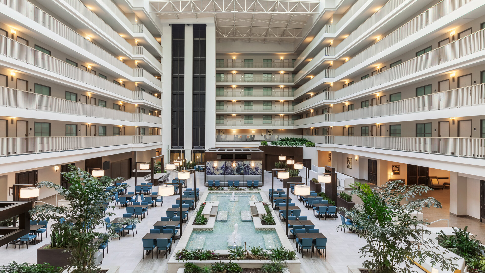 Hotel atrium perfect for coworking at Embassy Suites By Hilton Brea North Orange County.