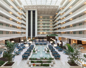Hotel atrium perfect for coworking at Embassy Suites By Hilton Brea North Orange County.