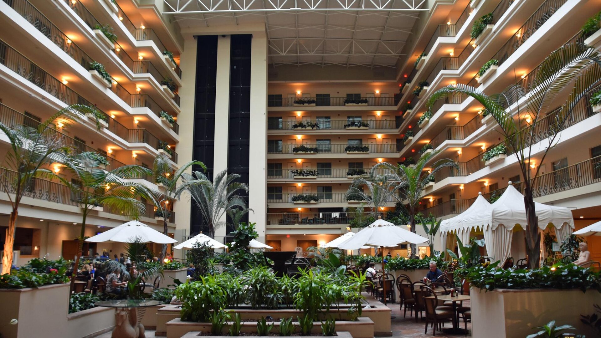 Hotel atrium perfect for coworking at Embassy Suites By Hilton Brea North Orange County.
