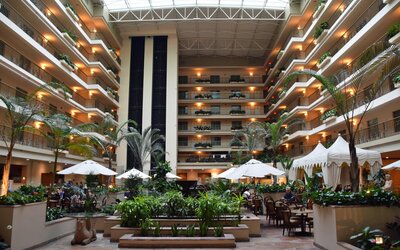 Hotel atrium perfect for coworking at Embassy Suites By Hilton Brea North Orange County.