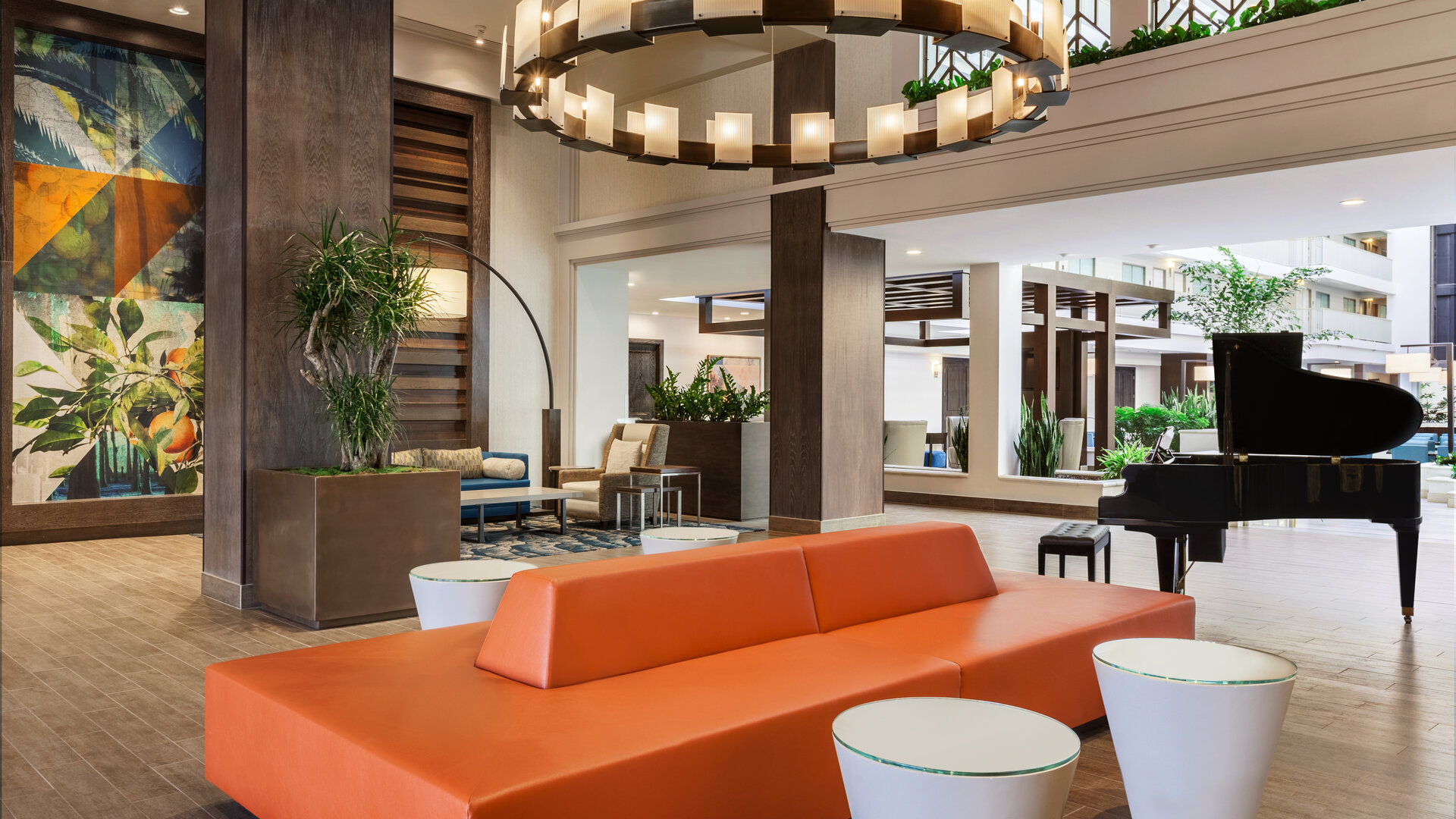 Lobby and coworking lounge at Embassy Suites By Hilton Brea North Orange County.