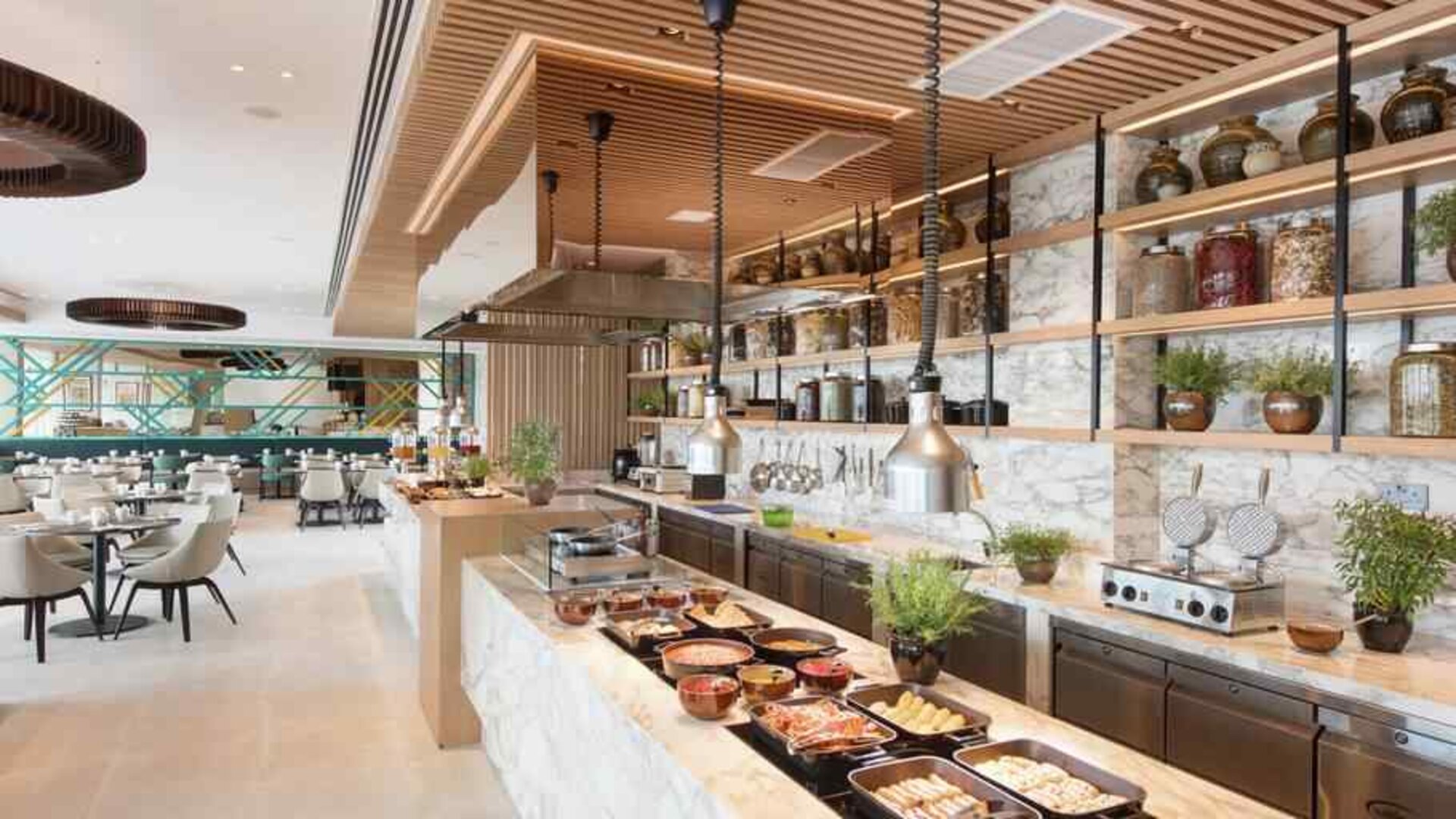 Breakfast buffet in a stilish restaurant area at the Hilton Garden Inn Singapore Serangoon.
