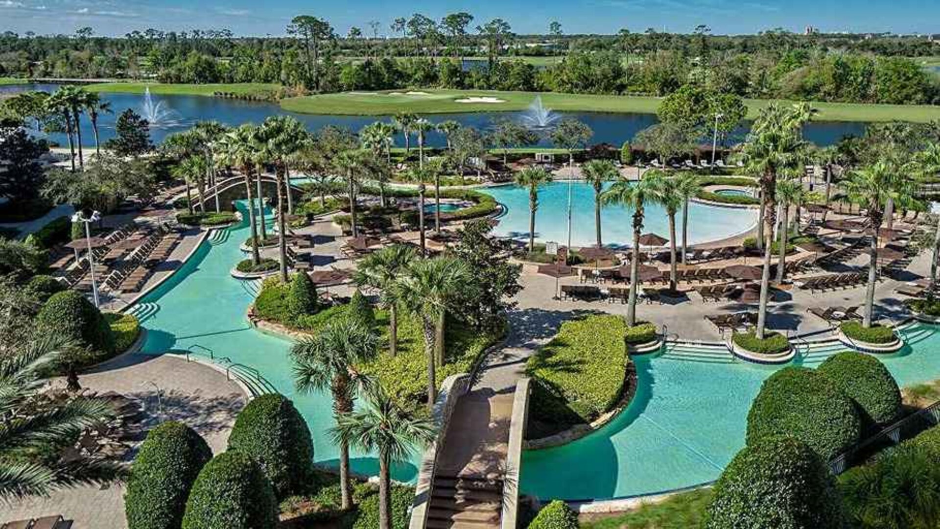 Stunning aerial view of the outdoor pools at the Signia by Hilton Orlando Bonnet Creek.