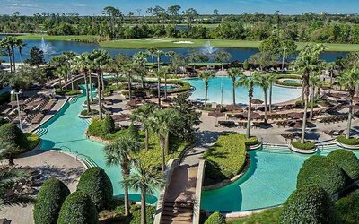 Stunning aerial view of the outdoor pools at the Signia by Hilton Orlando Bonnet Creek.