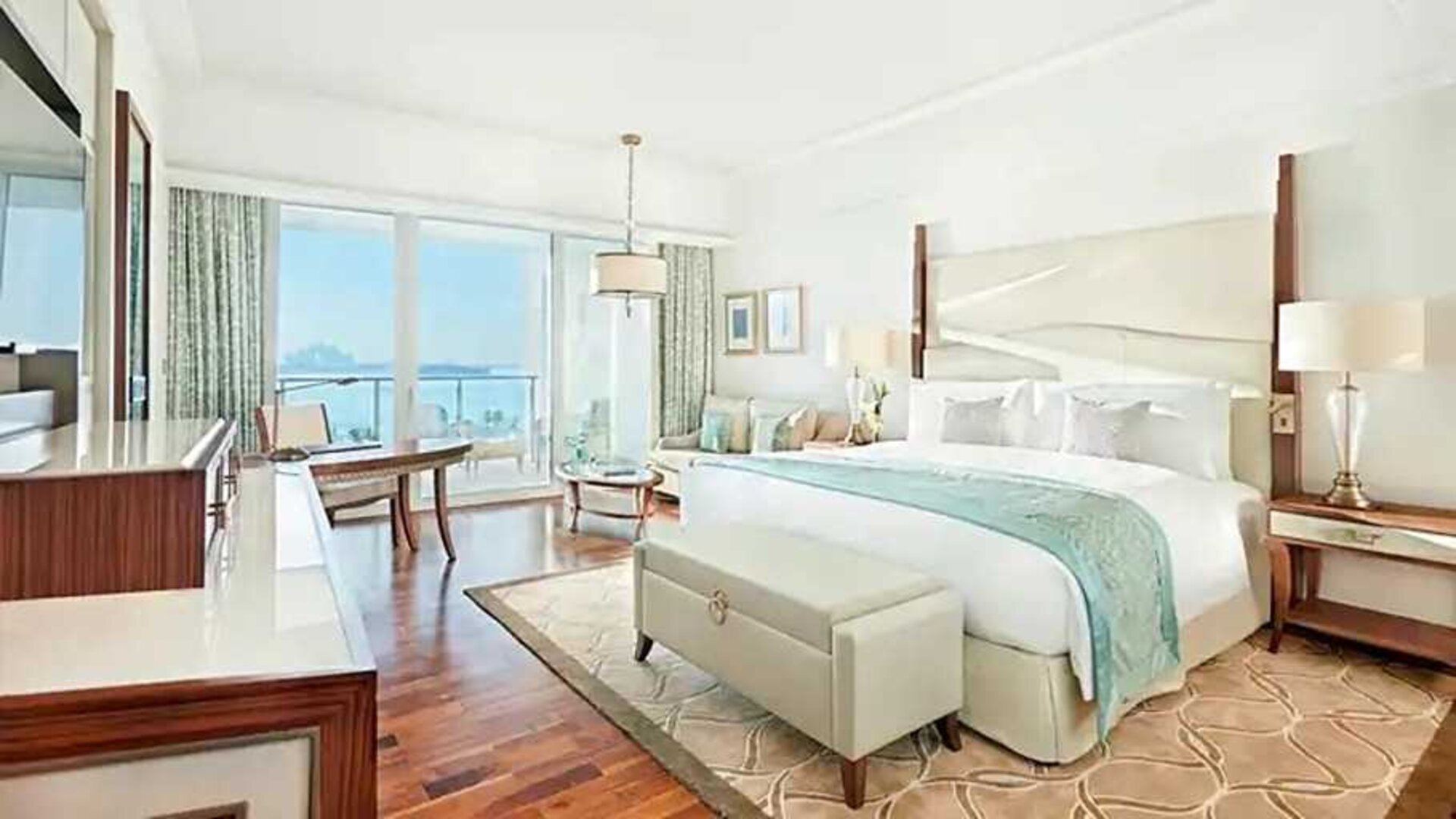 Bright and comfortable king room with sea view at the Waldorf Astoria Dubai Palm Jumeirah.