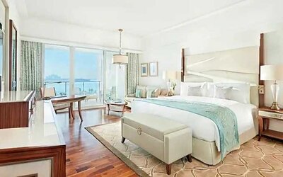 Bright and comfortable king room with sea view at the Waldorf Astoria Dubai Palm Jumeirah.