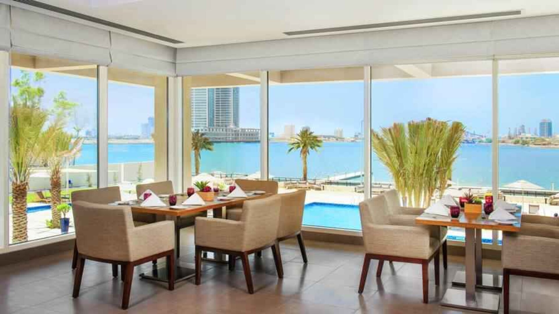 Beautiful restaurant suitable as workspace at the Hilton Ras Al Khaimah Beach Resort.