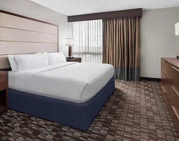 King-sized room with natural light, TV, and work desk at Embassy Suites by Hilton Nashville Airport.