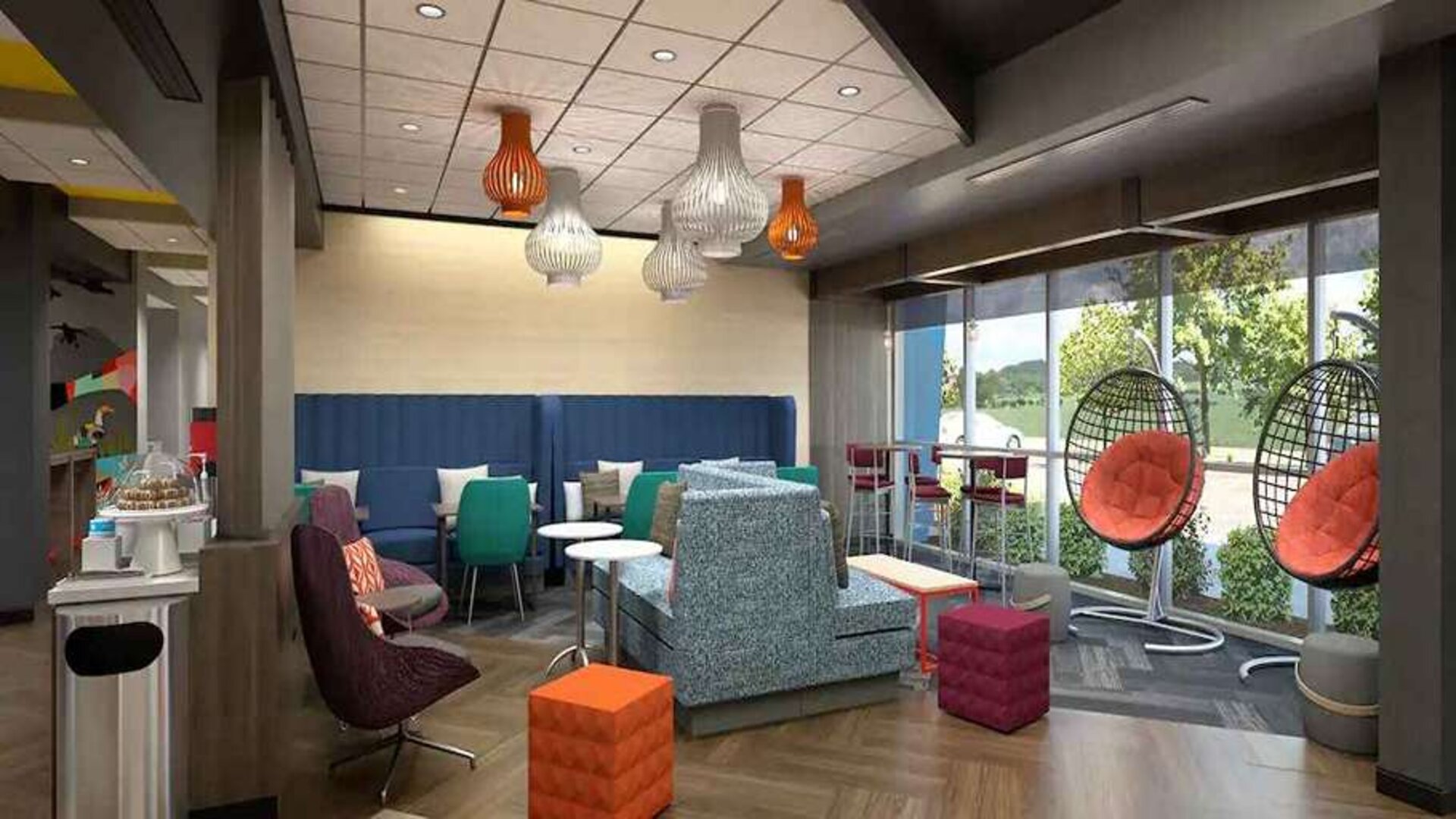 Brightlit lounge area ideal for cowrking at Tru by Hilton Edinburg.