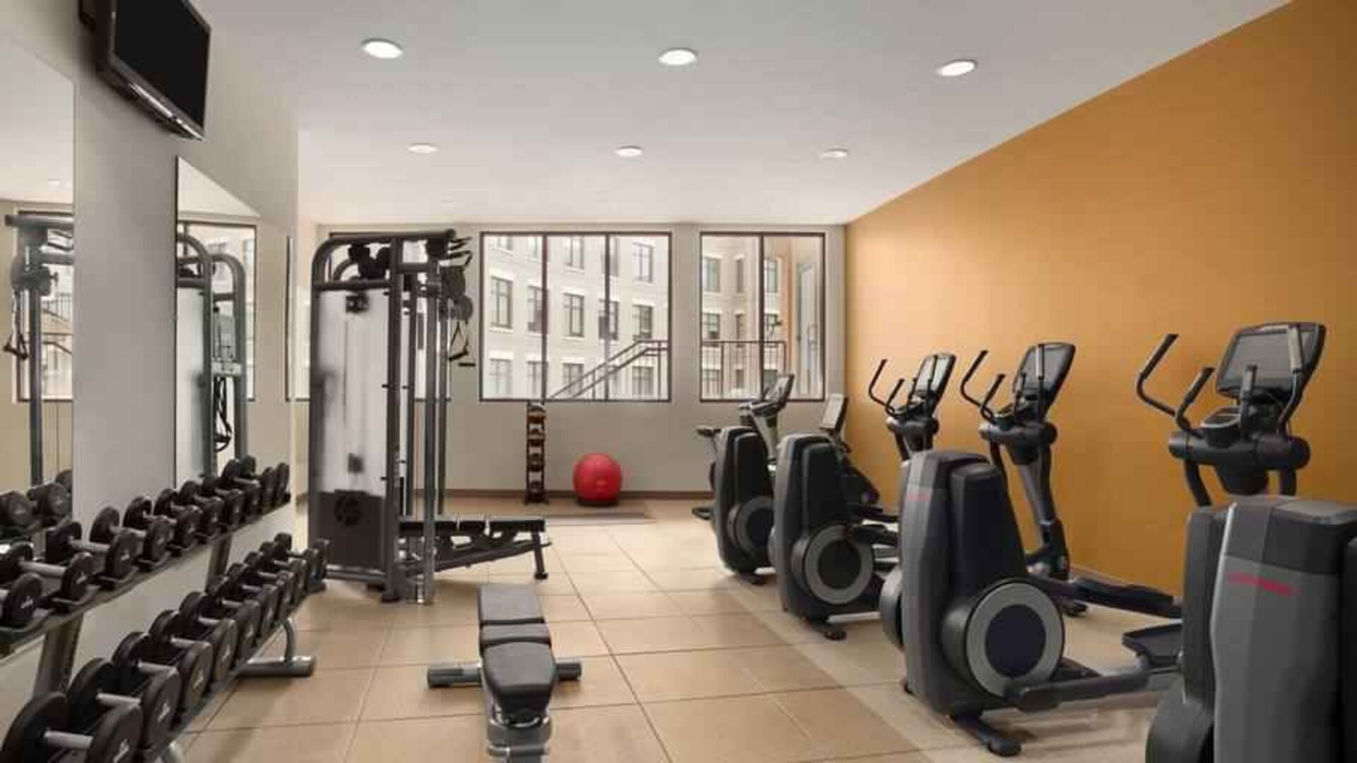 Full equipped fitness center at the Embassy Suites by Hilton Alexandria-Old Town.