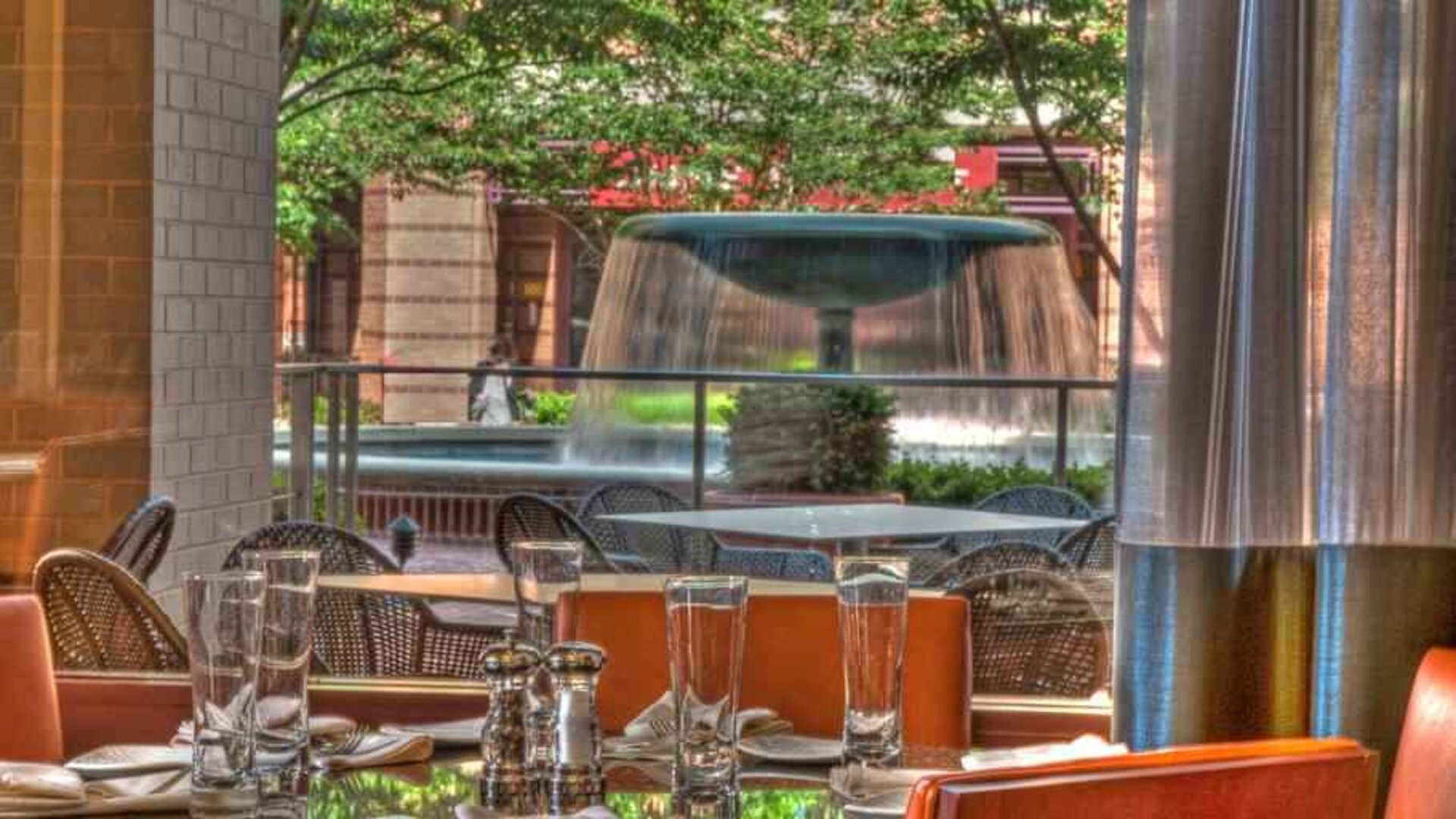 Stylish restaurant perfect as workspace at the Embassy Suites by Hilton Alexandria-Old Town.