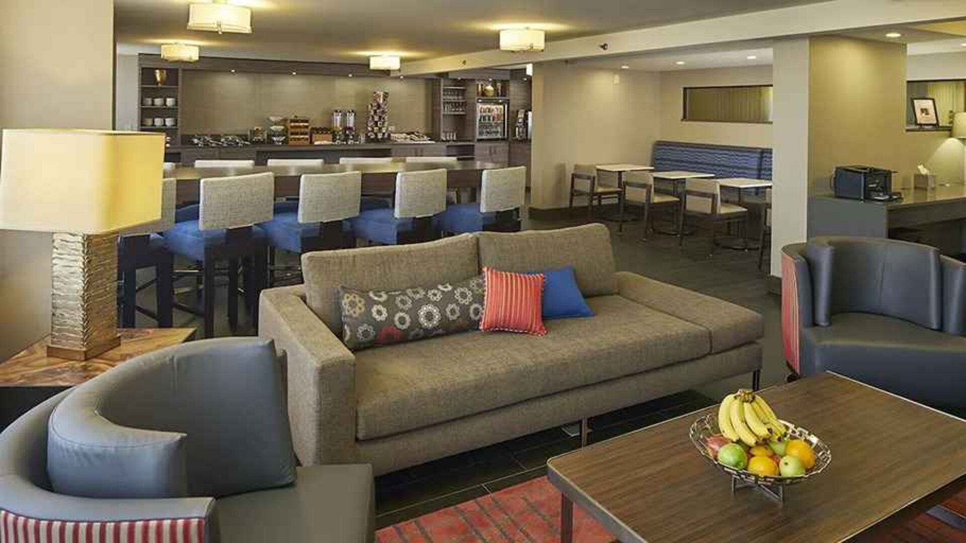 comfortable lounge-lobby area perfect for coworking at Hilton Raleigh North Hills.