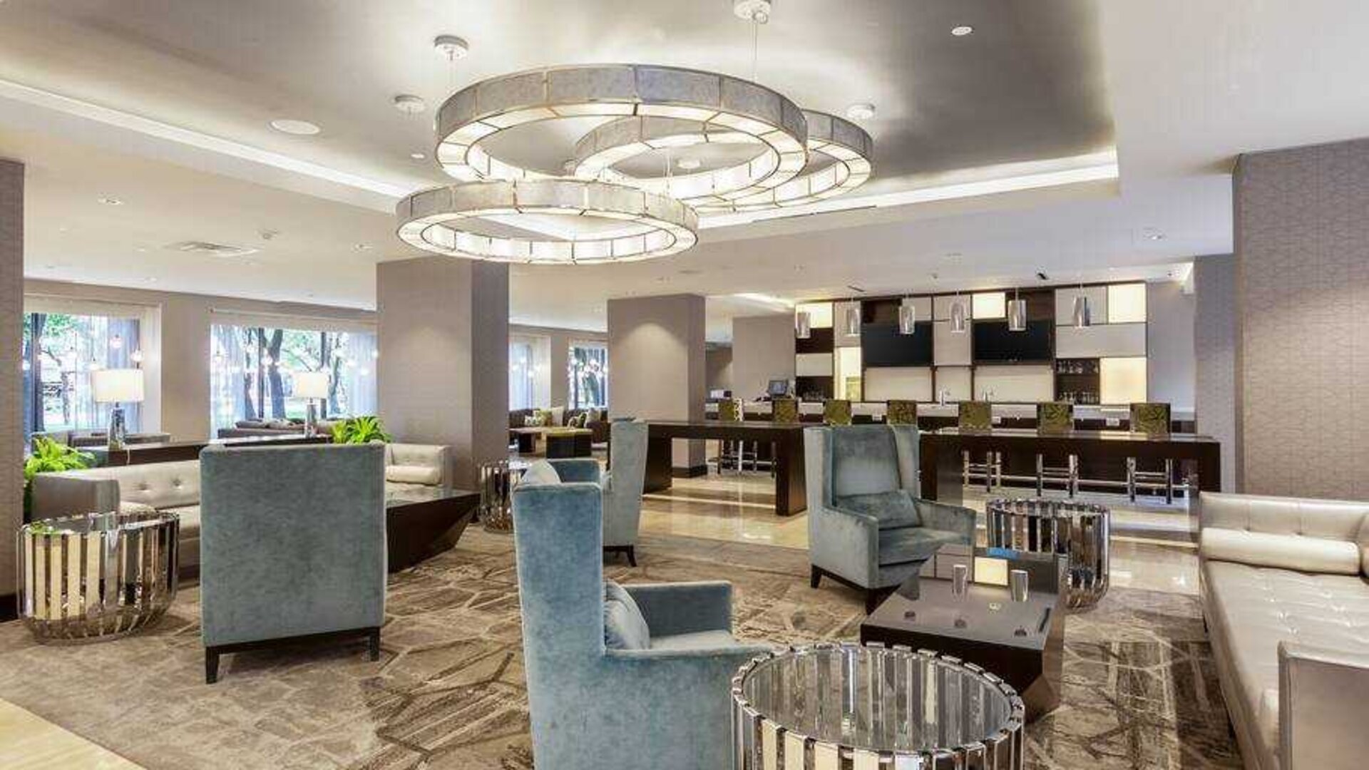 Bright lobby area perfect as workspace at the DoubleTree Suites by Hilton Houston by the Galleria.