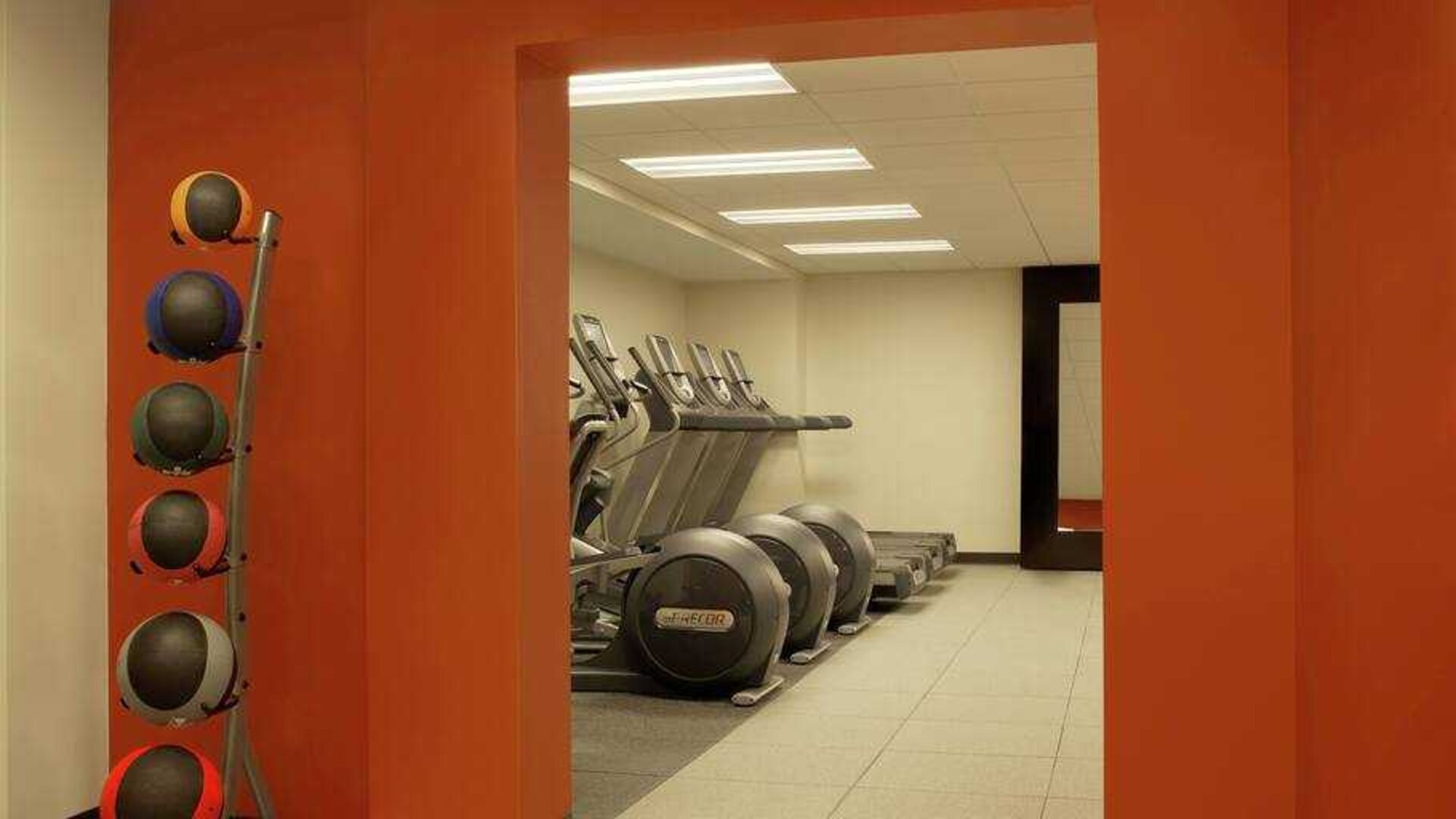 Fitness center with treadmills at the DoubleTree by Hilton Cedar Rapids Convention Complex.