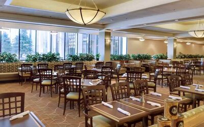 Restaurant area perfect as workspace at the DoubleTree by Hilton Omaha-Downtown.