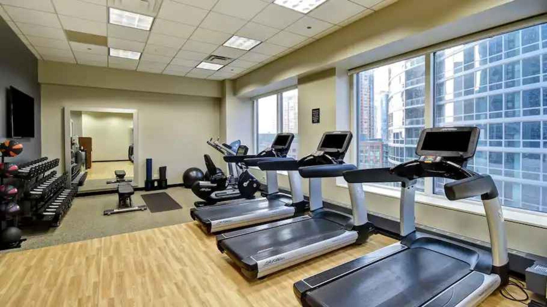 Fitness center with treadmills at the Embassy Suites by Hilton Chicago Magnificent Mile.