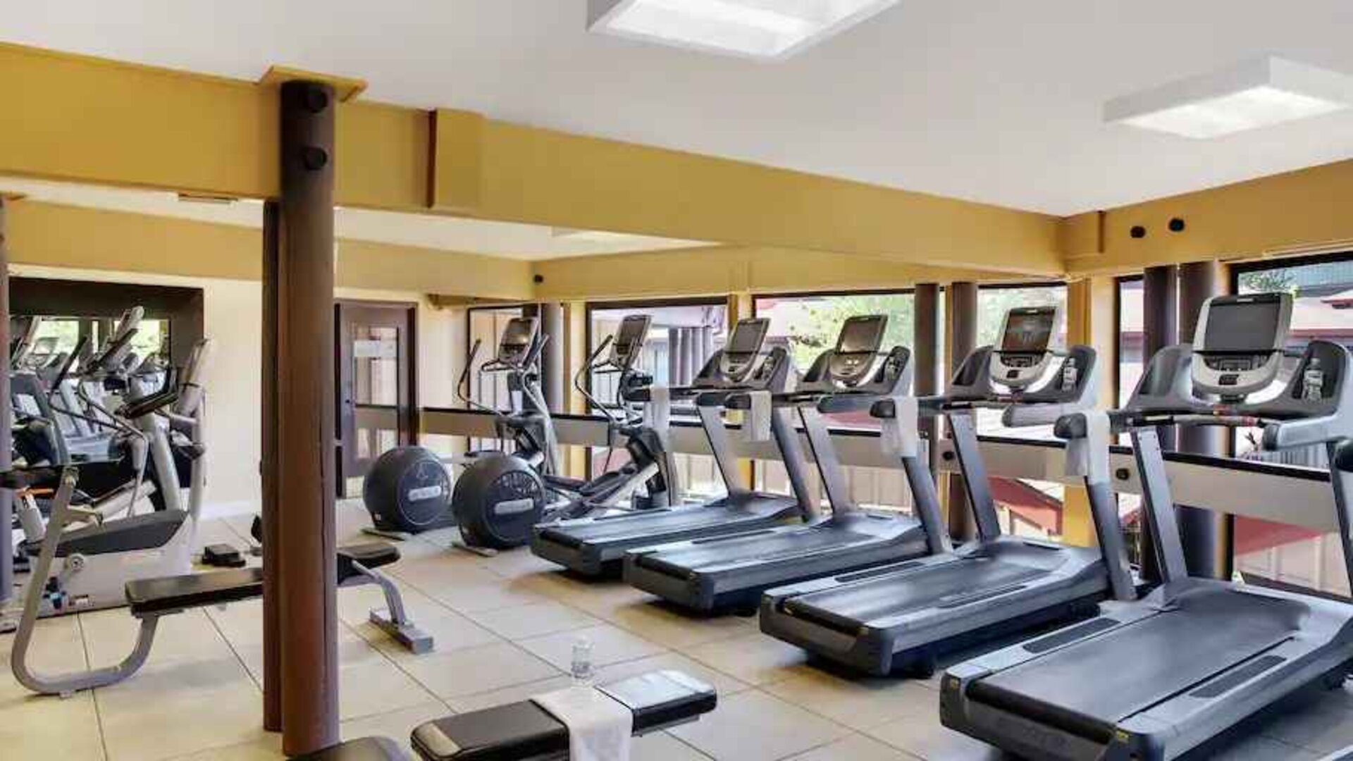 Fitness center with treadmills at the DoubleTree by Hilton Seattle Airport.